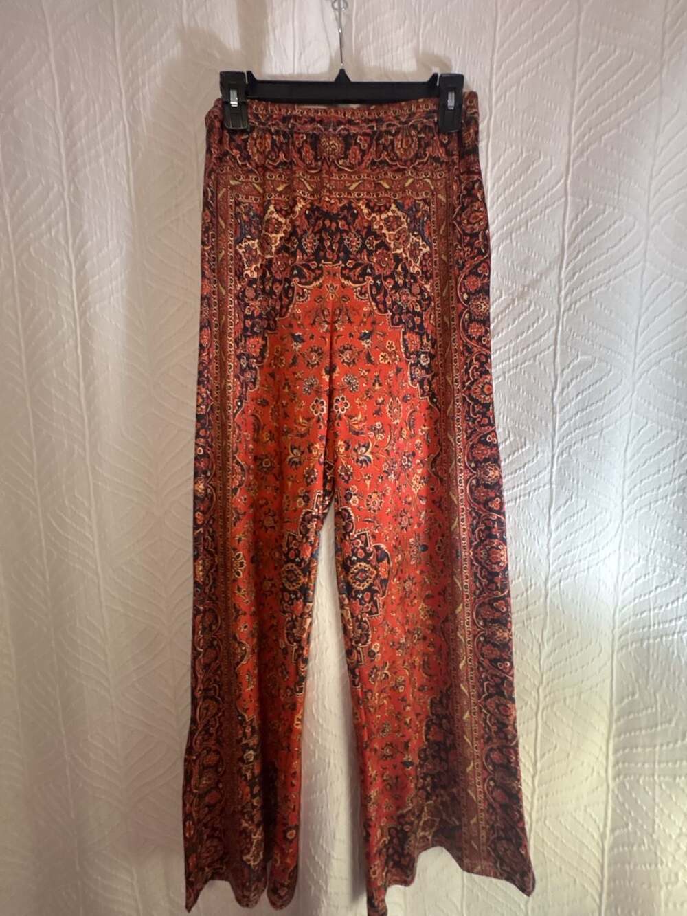 Boho Persian Carpet Tapestry Print Wide Leg Pants Red Size M